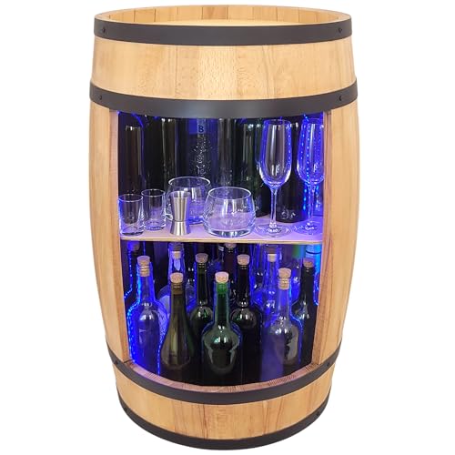 weeco Holzfass bar mit LED RGB Beleuchtung.Weinregal Design Hausbar 80x50cm, Weinschrank aus Holz.Whisky und Bier Geschenke für männer Schrank Mini Bar Regal. Möbel im rustikalen Stil Eichenfarbe