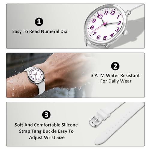 Bisley 35MM White Watch for Women Silicone Strap Purple Arabic Numeral Easy to Read Waterproof Watch Fit for Any Wrist Size by Bisley - Used condition - US$20.57