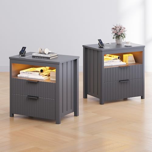 Lvifur 24" Wide LED Nightstand with 3 Drawer and Auto Sensor for Bedroom Black,Set of 2 Modern Bedside Table with 3 Color Light and USB&Type-C Smart End Table for Office
