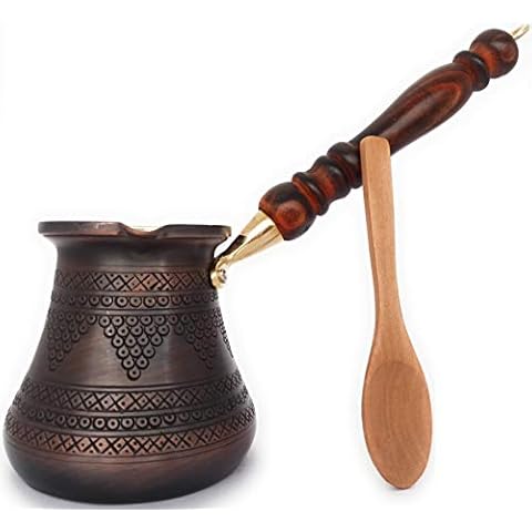 DEDE Copper - PCZ Series (Large-14fl.oz) - Thickest Solid Copper Engraved/Hammered Turkish Greek Arabic Coffee Pot with Wooden Handle, Stovetop Coffee Maker Cezve Jezve Jazva Ibrik Briki (Antique) Cover