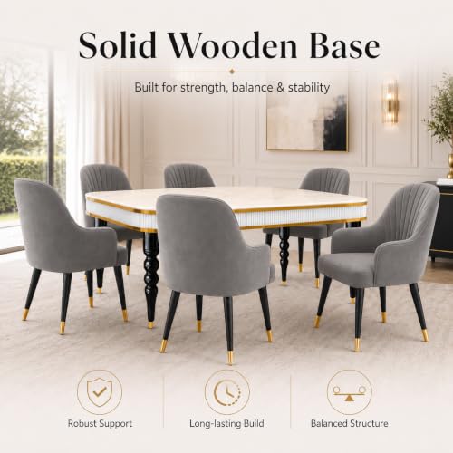 Image of 6-Seater Dining Table Set with Nano Composite Marble Top | Golden PVC Wooden Base | Includes 6 Fabric Upholstered Chairs | 2 Year Warranty | Dining Room Furniture Set for Home (Gray)