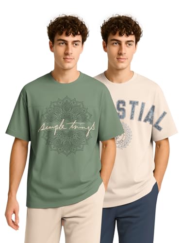 Image of BULLMER Trendy Half Sleeve Oversized Cotton Blend Crew Neck Tshirt for Men - Pack of 2