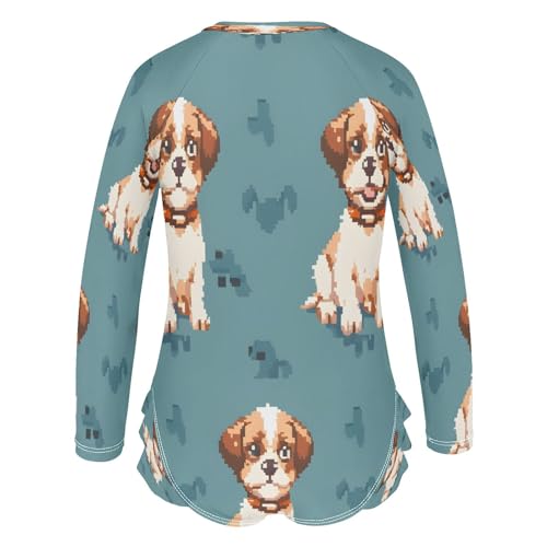 senya Toddler Girl Long Sleeve Ruffle Swimsuit One Piece Zipper Rash Guard Bathing Suit with UPF 50+ Brown White Puppy3