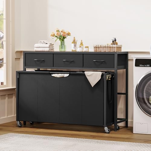 FIONESO Wäschekorb 4 Fächer, 300 L Wäschesammler mit 3 Schubladen, Wäschekorb mit Rollen & Ausziehbare Taschen, Wäschewagen für Waschraum, Badezimmer, Eingangsbereich - ENZYL007F