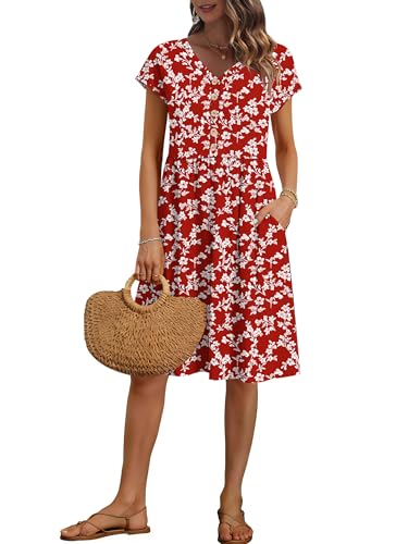 Image of AUSELILY Women's Summer Short Sleeve Knee-Length V Neck Dress with Pockets | V Neck,Cap Sleeve,Loose-Fit,Casual Dresses,2026 New