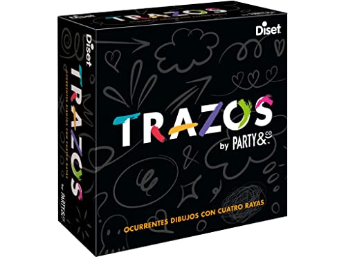 Diset - Party & Co trazos, Juego de Mesa de Dibujar a Partir de 8 años. Incluye: 12 tableros reversibles con garabatos, 1 dado de letras. 4 rotuladores borrables. Una pizarra de puntuación.