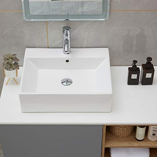 PetusHouse Bathroom Vessel Sink and Pop Up Drain Combo, Rectangle Above Counter White Porcelain Ceramic Bathroom Vessel Vanity Sink Washing Art Basin, Overflow Type