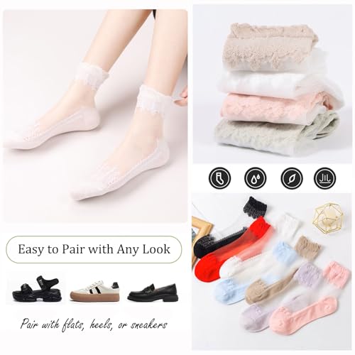 Image of DXYAKY 5 Pairs Sheer Floral Socks for Women, Lightweight Mesh Ankle Lace Socks, Breathable Summer Cute Transparent Stockings