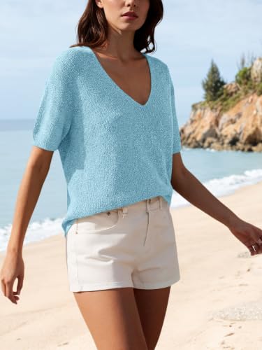 Image of Saodimallsu Womens Short Sleeve Sweater Summer V Neck Casual Tops Lightweight Loose Knit Pullover Shirts