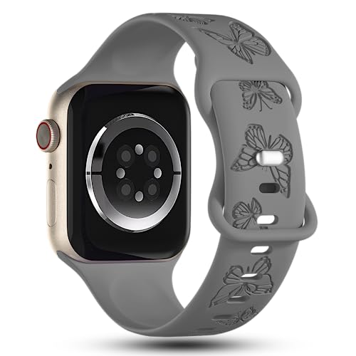 Image of Butterfly Engraved Bands Compatible with Apple Watch Band 41mm 40mm 38mm 49mm 46mm 49mm 46mm 45mm 44mm 42mm Women, Silicone Sport Strap for iWatch Series SE 10 9 8 7 6 5 4 3 2 1 SE Ultra