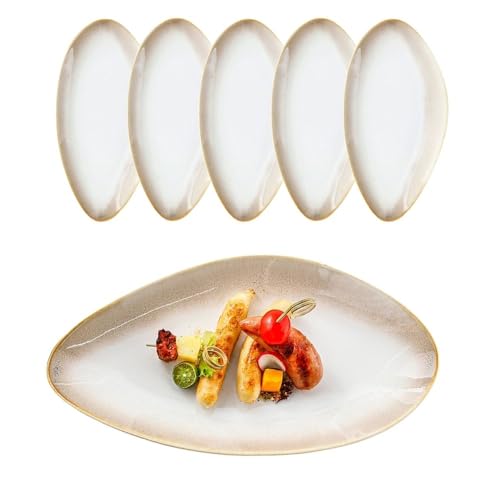 Kadum Piatti ovali in ceramica | Set di 6 piatti | Mediterraneo Vintage | 6 piatti piani grandi ovali lunghi 32,5 x 17 cm | piatti da portata grigi beige