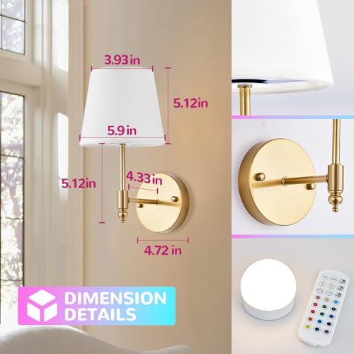 Image of Battery Operated Wall Sconce Set of 2,Gold Wireless Wall Light with Remote Control,RGB Dimmable Wall Sconces Set of Two 15 Colors,Rechargeable Bulbs Cordless Lamp for Bedroom Living Room