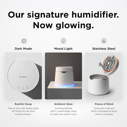 Image of Carepod One Plus Stainless Steel Humidifier for Large Room with Mood Light, Quiet & Safe for Baby, Only 3 Washable Parts, Easy to Clean Ultrasonic Cool Mist Humidifiers for Bedroom for 30Hrs (1Gal /4L)