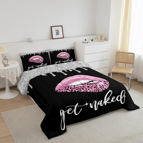 Image of Feelyou Pink Black Sexy Lips Comforter Set Twin, Get Naked Bedding Set Diamond Get Naked Comforter Kids Toddler Glitter Leopard Print Sexy Lips Duvet Set 2Pcs