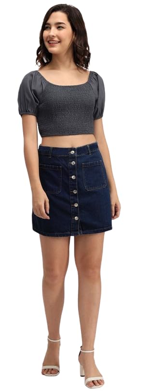 tripursundari fashion Navy Blue Front Pocket Buttoned Straight Mini Denim Woman Skirt-picture-16