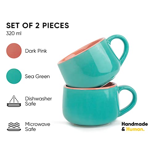 Image of Shay Ceramic Medium Cup Set of 2, Sea Green & Pink, 320ml (12 oz) for Coffee & Tea | Glossy Finish Premium Stoneware