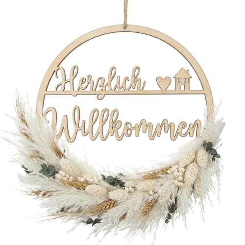 Xinnun Türkranz Trockenblumenkranz Herzlich Willkommen Schild Haustür Holz Türkranz Trockenblumen Boho Türdeko Ganzjährig Willkommensschild Naturtöne Hängedeko für Wand Fenster Deko 25cm(Haus)