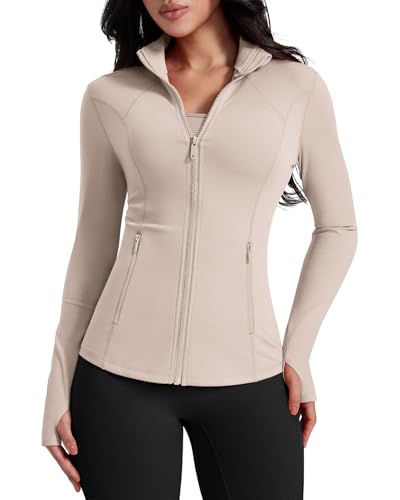 AVGO Womens Workout Jackets Lightweight Athletic Zip Up Jacket Slim Fit Running Gym Top with Pockets & Thumb Holes(Almond M)
