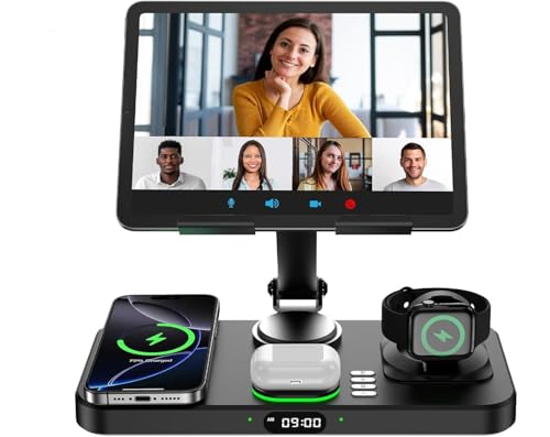 Image of Wireless Charger for Apple Multiple Devices, Charging Station with Clock &7 Color Ambient Light, Foldable Rotate Stand for iPad, for iPhone16 /15 /14, for Apple Watch10 /9 AirPods4 (Adapter Not Included)