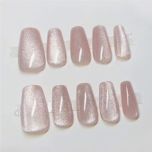 Image of Secret Lives Cats Eye Reusable Artificial Coffin Shape Brown color Designer Fake Press on Nails 24 Pieces Set with Kit
