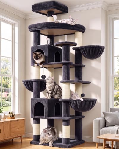Image of Globlazer Extra Large Cat Tree Tower, 82in Tall Heavy Duty Cat Tree for Indoor Cats Large Adult Big Cat Tower with 8 Scratching Posts, 2 Cat Condos, 2 Padded Perches, 3 Hanging Baskets, S82, Dark Gray