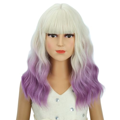 Image of PATTNIUM Girls Purple Ombre Short Curly Wavy Wig with Bangs Kids White Ombre Purple Bob Wigs Synthetic Halloween Costume Cosplay Party Wigs