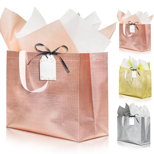 KeerxunBag 12Pcs Reusable Gift Bags（Includes Tissue Paper） Gift bag with handle Birthdays Parties Holidays Weddings Medium 13x5x11in Green Gift Bags