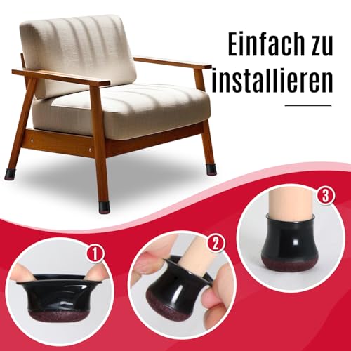 OCONDA 24 Stück Stuhlbeinkappen,Schwarz Schutzkappen für Stuhlbeine Mit Filz,Filzgleiter, Silikon Schutzkappen für Stuhlbeine Schräge, Stühle für Verschleißfeste Stuhlbeinschoner, S Fit:14-20mm