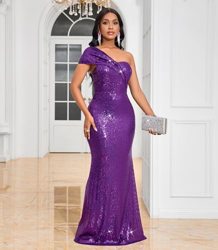 Image of Cololura Women Sexy Sequin One Shoulder Mermaid Formal Party Cocktail Gowns Bodycon Evening Maxi Dress