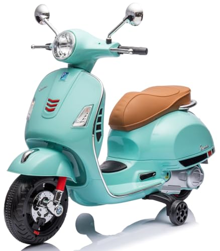 Moto Eléctrica Vespa para Niños con Ruedas y Asiento de plástico, Reproductor MP3, Toma AUX USD MicroSD (Turquesa - sin baúl)