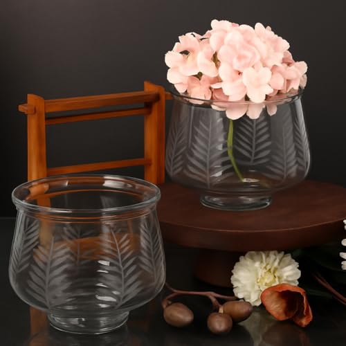 Image of KALAKRITI Bell Shape Glass Flower Vase 6 Inch | Transparent Flower Vase with Frosted Leaf Etched Pattern | Decorative Modern Table Centerpiece for Home, Living Room, Bedroom & Office Decor - Pack of 2