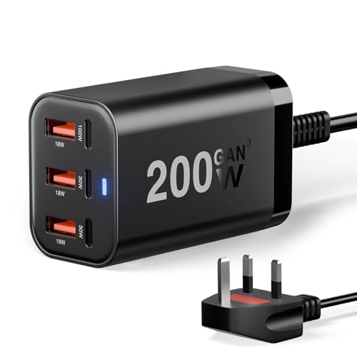 200W USB C Fast Charger 6-Port GaN III USB Charging Station PD 100W Laptop Desktop Charger Compatible with MacBook Pro/Air,Steam Deck,Dell XPS,iPhone 16 Pro/15,Galaxy S24/S23