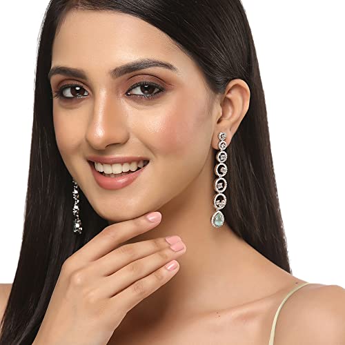Rhodium-Plated Circular Drop Earrings with American Diamond