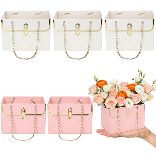 6 PCS Flower Paper Gift Box Pink White Bouquet Storage Bucket Handbag with Metal Chain Floral Craft Wrap Bag Flower Bags for Bouquets Wedding Bridal Birthday Mothers Day Flower Graduation Supplies