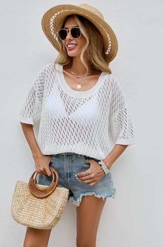 Image of Sexybody Women Short Sleeve Crochet Sweater Crew Neck Pullover Knit Top Hollow Out Casual Sheer Outfits Beach Coverup
