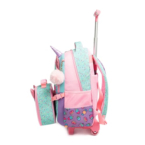 Mochila de Rodinhas Infantis Cutblajat com Kit de Lancheira e Estojo, Design de Unicórnio em Rosa e