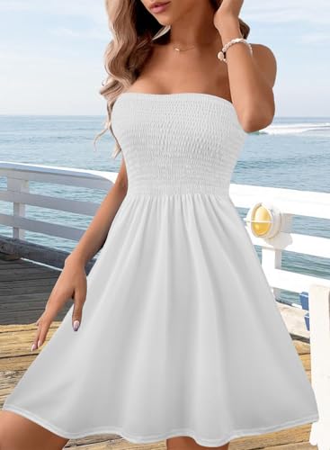 Image of Zyyfly Tube Top Dress Women Summer Beach Coverup Stretch Smocked Strapless Dress