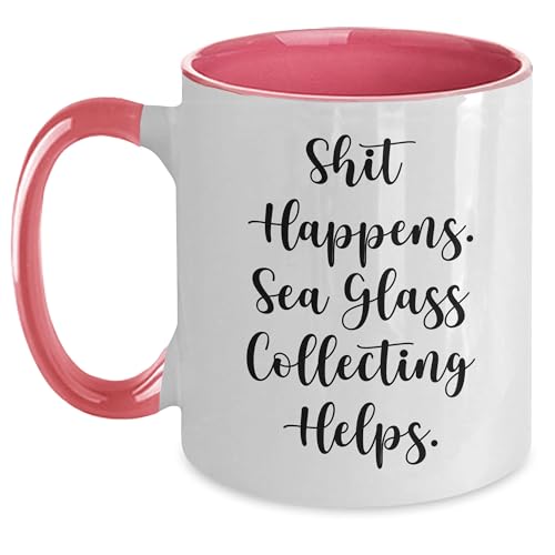 Sea Glass Collecting Humor Two Tone Coffee Mug, Funny Gifts for Graduates, Sea Glass Enthusiasts, and Friends from Men, Women, Family, and Coworkers, Shit Happens. Sea Glass Collecting Helps.