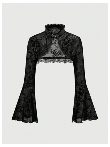 GORGLITTER Women's Lace Gothic Bolero Shrugs Tops Y2k Goth Floral Mesh Bell Long Sleeve Lightweight Dress Cardigan2