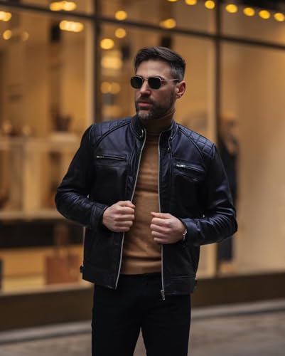 Image of TLC Mens Leather Jacket | Sheepskin Quilted Shoulders Bold Biker Cafe Racer Style Leather Jacket Men