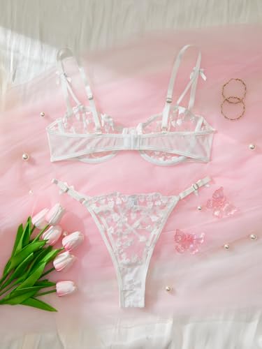 Image of Lilosy Sexy Underwire Cute Push Up Strappy Embroidered Mesh Sheer Lingerie Set See Through Panty Bra