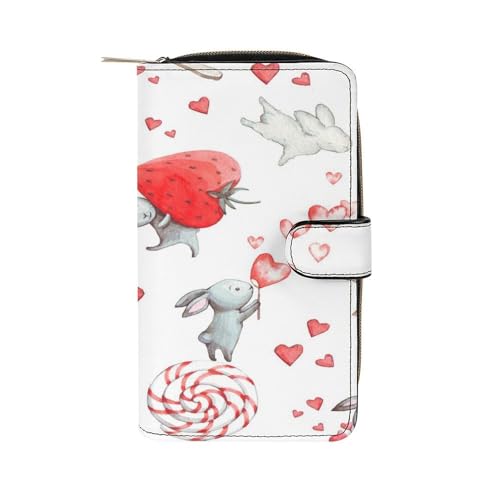 Nugier Women Soft PU Leather Wallet, Zipper Card Case Clutch Credit Bills Money Crash Coin 7.8x4.3x1.4 in Holder Purse Print Easter Day Bunny Rabbit Strawberry Heart