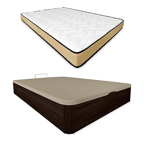 Duérmete Online Pack Colchón Viscoelástico Aura Reversible + Canapé Madera Abatible Gran Capacidad, Wengue, 135 x 190, grosor 30mm