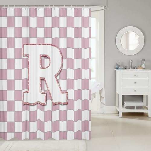 Image of Erosebridal Pink Initial R Bathroom Curtain Kawaii Plaid Checkered Shower Curtain 72 inch Wx72 L Cute Personalized Monogram Bathroom Accessories for Kids Girls,Fashion Grids Gingham Shower Decor