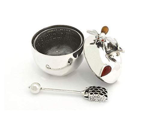 Exquisite Large Sterling Silver Honey Dish with Hebrew Blessing, Carnelian & Tiger Eye Bee Apple Design by Avi Nadav