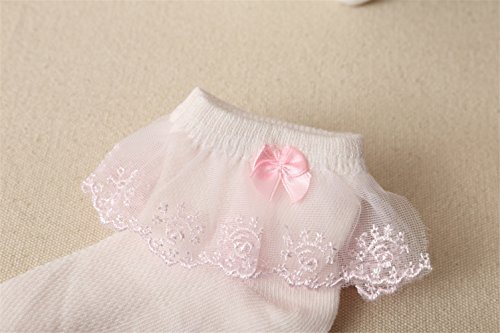 DoMii Toddler Girl Ankle Socks Lace Eyelet Frilly Socks with Ruffles Bowknot Strawberry Print 2 Pack2