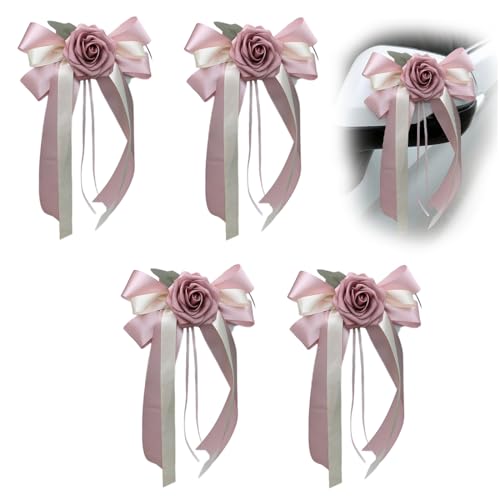 DIFLAX 4 Piezas Boda, Lazos Coche Boda, Lazos Adorno Coche Boda, Decoracion Coche Boda, Decoración Coche, Lazos Boda, Rosa Lazos Para Coche de Boda, Fiesta