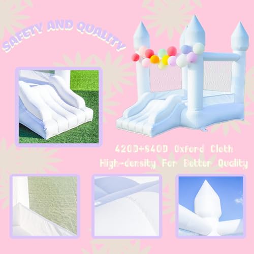 White Bounce House, Inflatable Bounce House with Slide, Inflatable Bounce Castle with Air Blower for Wedding Party Kids Birthday Party, Durable Oxford Cloth - Thumbnail 3