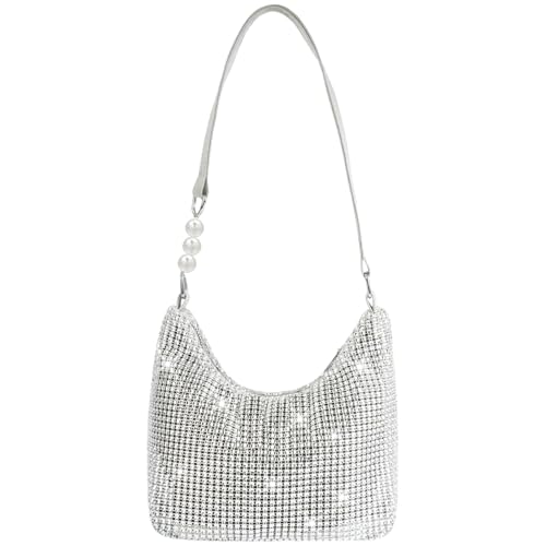 OSDUE Bolso de Noche con Diamantes para Mujer, Bolso Hobo, Bolso con Diamantes de Imitación, Bolso de Novia para Boda, Adecuado para Ceremonias, Bodas, Eventos, Citas, Cócteles, Cumpleaños (Plata)