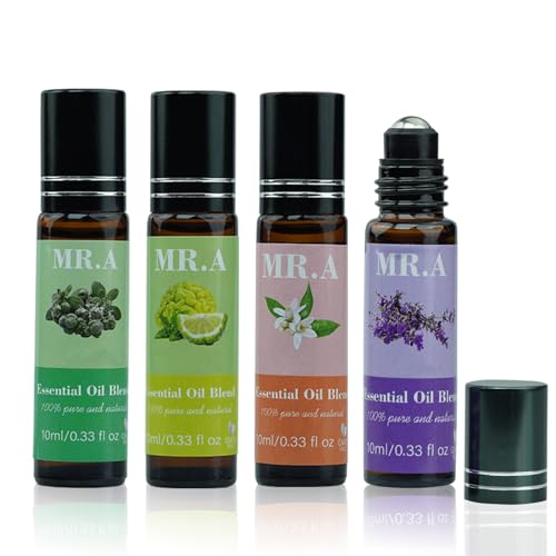 Paquete de 4 aceites esenciales de mezcla roll-on de aceite, aceite de fragancia 100% natural, aceite de mezcla de aromaterapia con lavanda pura, petitgrain, bergamota, aceite de mejorana, regalo de